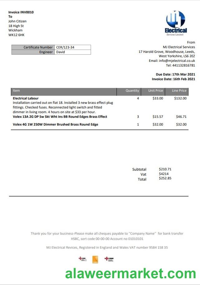 United Kingdom MJ Electrical proof of address utility bill template in Word and PDF format